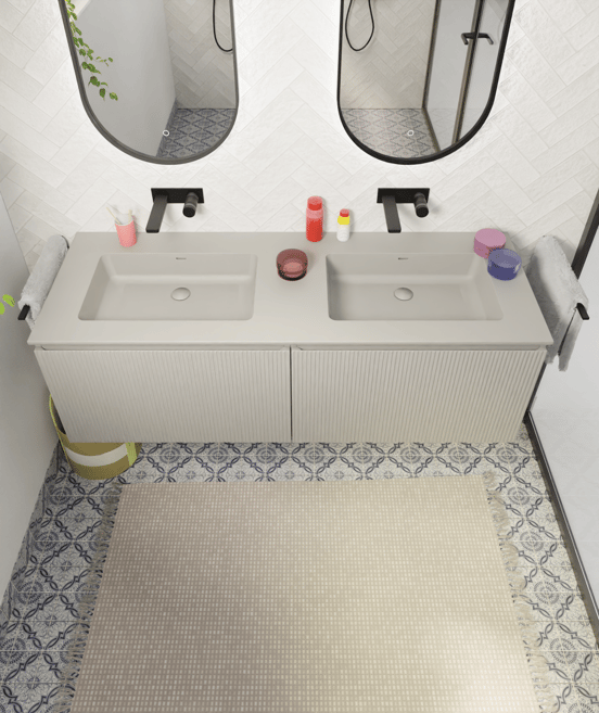 Storke Diva dubbele wastafel mat zijdegrijze top solid 150 x 52 cm