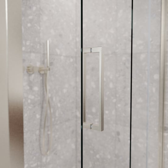 Balmani Senses Design Eckdusche: Schiebetür (Rechts) mit fixierte Seitenwand, 120 x 90 cm, Klarglas, Profil Brushed CoolMetal, inklusive Coating