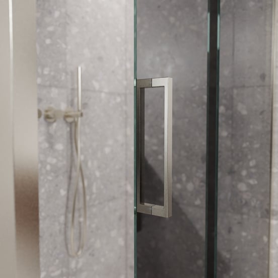 Balmani Senses Design Eckdusche: Schiebetür (Rechts) mit fixierte Seitenwand, 160 x 100 cm, Reflex-Spiegelglas, Profil Brushed CoolMetal