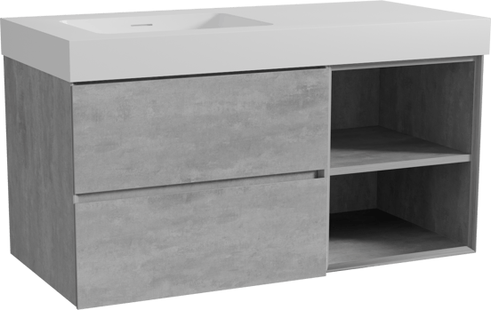 Storke Edge zwevend badmeubel 110 x 52 cm beton donkergrijs met Mata High asymmetrisch linkse wastafel in solid surface mat wit