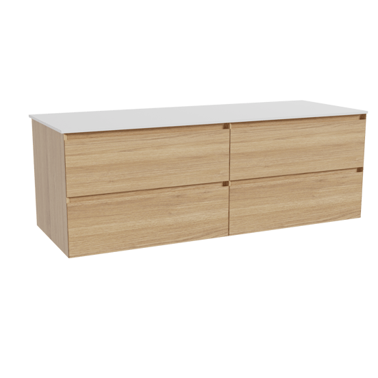 Balmani Mitra zwevend badmeubel 150 x 55 cm naturel eiken met Stretto enkel of dubbel wastafelblad in solid surface mat wit