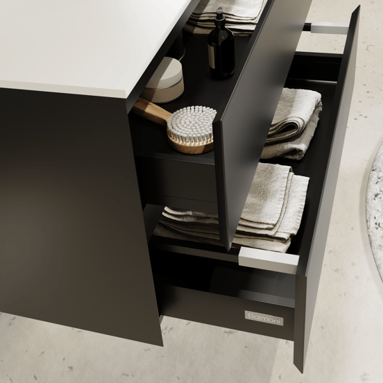 Balmani Mitra zwevend badkamermeubel 150 x 55 cm mat zwart met Stretto enkel of dubbel tablet in solid surface mat wit