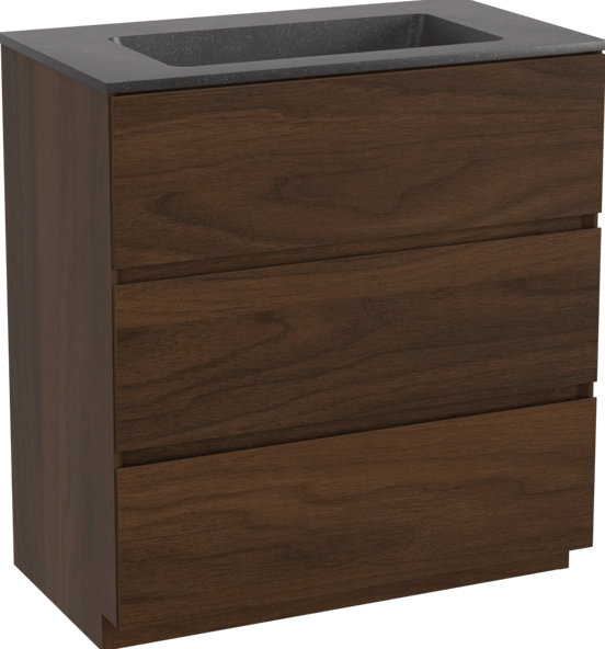 Storke Edge staand badmeubel 80 x 46 cm notenhout met Scuro enkele wastafel in kwarts mat zwart