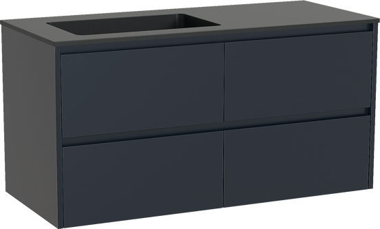 Storke Seda zwevend badkamermeubel 120 x 52 cm nachtblauw met Scuro asymmetrisch linkse wastafel in kwarts mat zwart