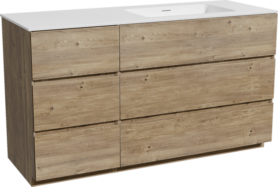 Storke Edge meuble salle de bains à poser 140 x 52 cm chêne brut avec Mata plan vasque asymétrique à droite en solid surface blanc mat