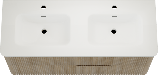 Linie Curvo meuble salle de bains suspendu 120 x 46 cm chêne clair avec Baro Curvo double vasque en porcelaine blanc brillant, Nervure circulaire symétrique verticale