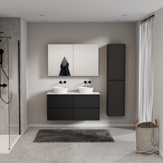 Storke Seda zwevend badmeubel 120 x 52 cm mat zwart met Tavola enkel of dubbel wastafelblad in solid surface mat wit