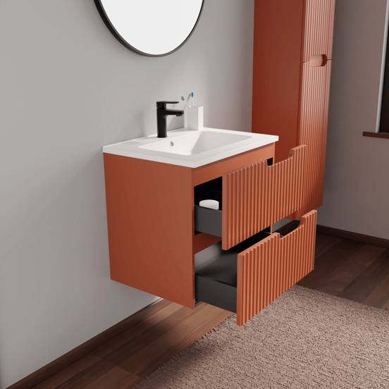 Linie Ribbo zwevend badkamermeubel 60 x 46 cm cotto met Vano enkele wastafel in composietmarmer mat wit, Verticale symmetrische ronde ribbel