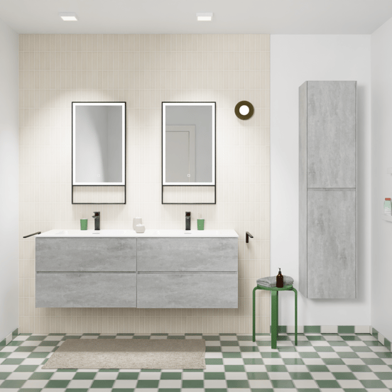 Storke Edge zwevend badmeubel 150 x 52 cm beton donkergrijs met Mata dubbele wastafel in solid surface mat wit