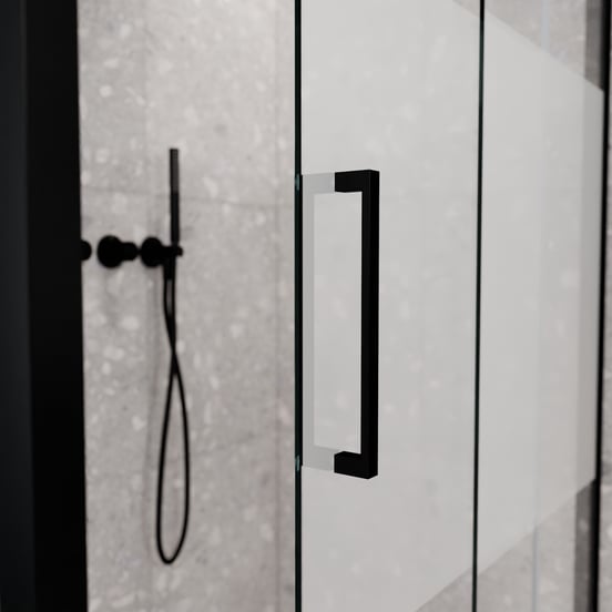 Balmani Senses Design Eckdusche: Schiebetür (Rechts) mit fixierte Seitenwand, 120 x 90 cm, Klarglas mit mattiertem Streifen, Profil Schwarz matt, inklusive Coating