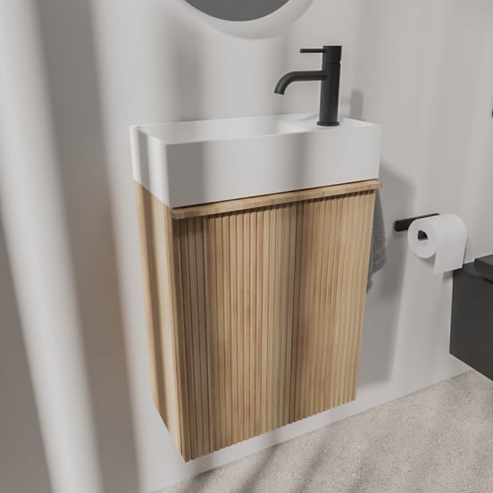 Balmani Forma hängendes WC-Möbel-Set, 42 x 21 cm, Eiche Natur, mit Loop Waschtisch in mattem Solid Surface