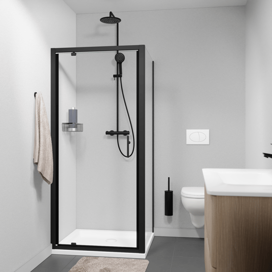 Linie Cadiz paroi de douche avec porte pivotante et paroi latérale fixe, 90 x 70 cm, verre transparent, profil noir