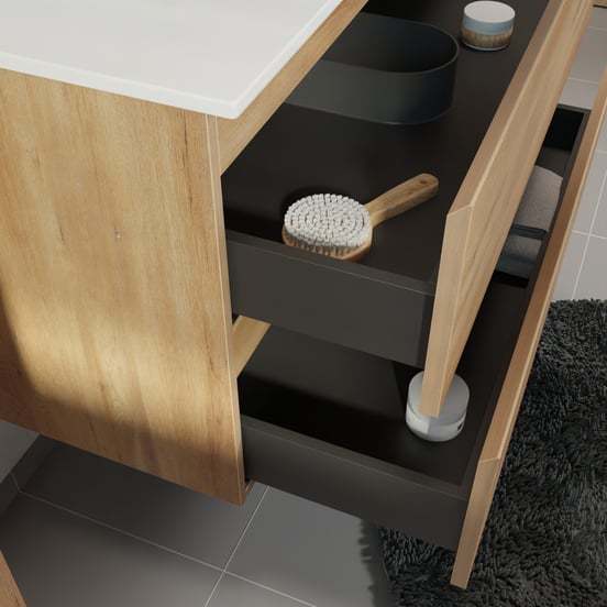 Linie Lado hängendes Möbelstück Set: 70 x 46 cm, Naturbelassene Eiche, mit Baro Einzelwaschtisch, Porzellan Weiß glänzend