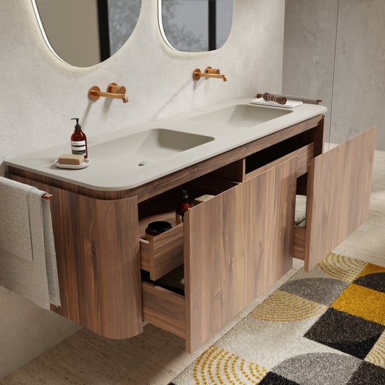 Balmani Moon zwevend badkamermeubel 160 x 55 cm amerikaanse notelaar met Moon dubbele wastafel in top solid zijdegrijs