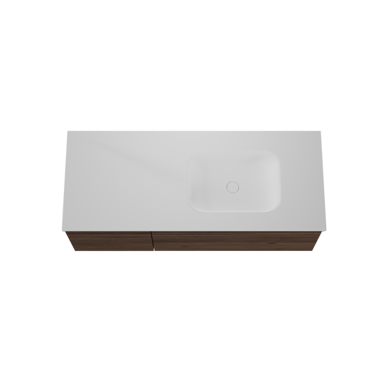 Balmani Forma meuble salle de bains suspendu 135 x 55 cm noyer américain avec Tablo Arcato plan vasque asymétrique à droite en solid surface blanc mat, Nervure droite symétrique horizontale