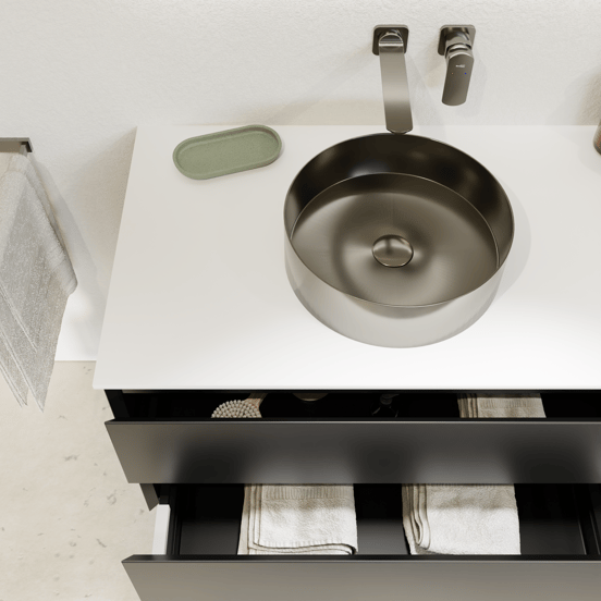 Balmani Mitra zwevend badkamermeubel 150 x 55 cm mat zwart met Stretto enkel of dubbel tablet in solid surface mat wit