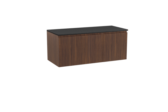 Storke Ribs zwevend badmeubel 120 x 52 cm notenhout met Panton enkel of dubbel wastafelblad in gepoedercoate mdf mat zwart, Verticale symmetrische rechte ribbel