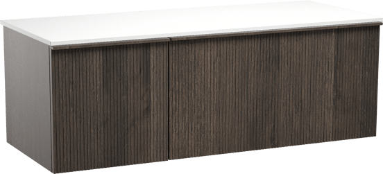 Balmani Forma zwevend badmeubel 135 x 55 cm gerookt eiken met Stretto enkel of dubbel wastafelblad in solid surface mat wit, Verticale symmetrische rechte ribbel