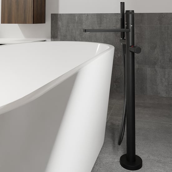 Blaufoss Sonic Thermostat freistehende Badewannenarmatur: Schwarz matt, mit Brausekopf