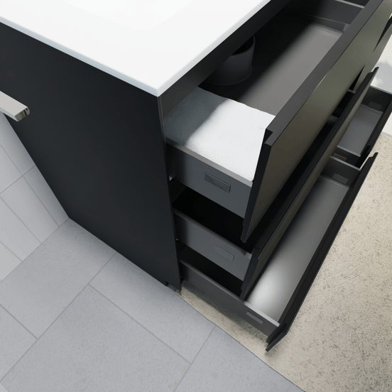 Storke Edge freistehendes Möbelstück Set: 65 x 52 cm, Schwarz matt, mit Mata Einzelwaschtisch, Solid Surface Weiß matt