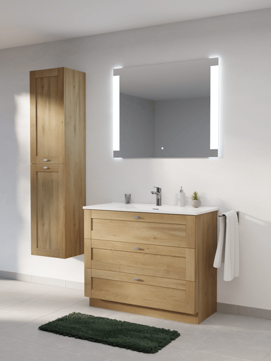 Linie Classo meuble salle de bains à poser 100 x 46 cm chêne naturel avec Baro plan simple en porcelaine blanc brillant