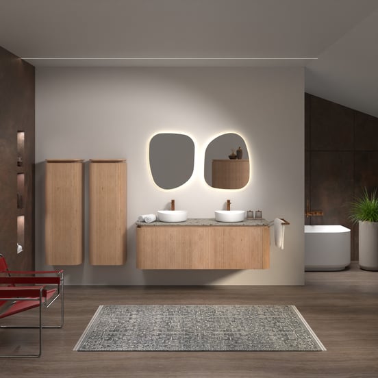 Balmani Moon hängendes Möbelstück Set: 160 x 55 cm, Naturbelassene Eiche, mit Moon Einzel- oder Doppel Waschtischplatte, Terrazzo in Greige, Vertikale symmetrische gerade Rippe