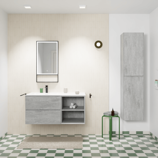 Storke Edge zwevend badmeubel 110 x 52 cm beton donkergrijs met Mata asymmetrisch linkse wastafel in solid surface mat wit