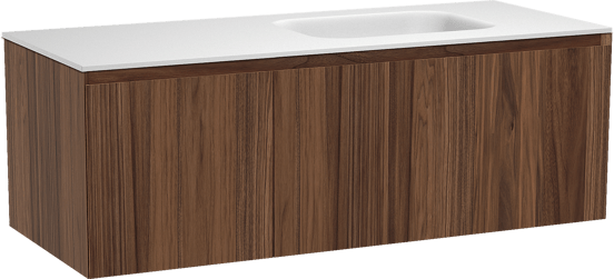 Balmani Idra zwevend badmeubel 135 x 55 cm notenhout met Tablo Arcato asymmetrisch rechtse wastafel in solid surface mat wit