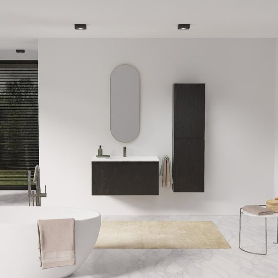 Balmani Forma meuble salle de bains suspendu 90 x 55 cm chêne noir avec Tablo Arcato plan simple en solid surface blanc mat, Nervure droite symétrique verticale