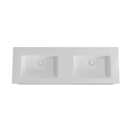 Storke Ribs zwevend badmeubel 150 x 52 cm ruw eiken met Mata dubbele wastafel in solid surface mat wit, Verticale symmetrische rechte ribbel