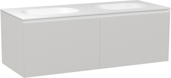 Balmani Fila hängendes Möbelstück Set: 135 x 55 cm, Weiß matt, mit Tablo Oval Doppelwaschtisch, Solid Surface, Weiß matt, Vertikale symmetrische gerade Rippe