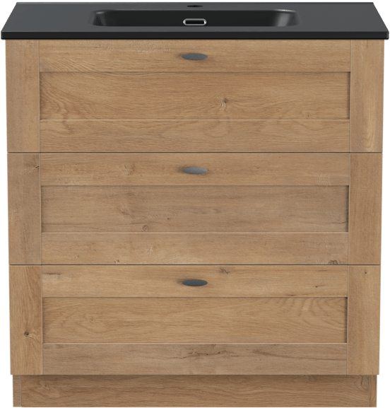 Linie Classo freistehendes Möbelstück Set: 80 x 46 cm, Naturbelassene Eiche, mit Baro Einzelwaschtisch, Porzellan Schwarz matt