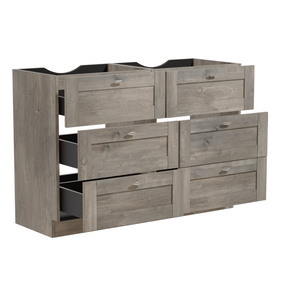 Linie Classo stehender Waschbeckenunterschrank: 120 x 46 cm, graue Eiche 6 Schubladen 2 Siphonaussparungen