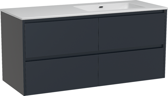 Storke Seda zwevend badkamermeubel 130 x 52 cm nachtblauw met Diva asymmetrisch rechtse wastafel in composietmarmer glanzend wit