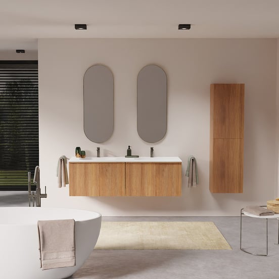 Balmani Forma hängendes Möbelstück Set: 150 x 55 cm, Teak, mit Tablo Oval Doppelwaschtisch, Solid Surface, Weiß matt, Vertikale symmetrische gerade Rippe