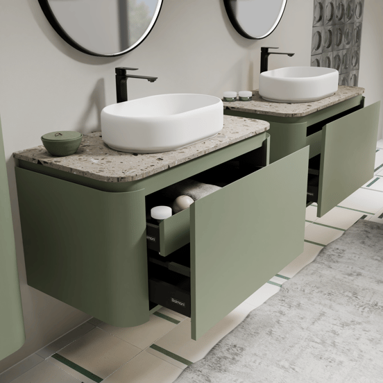 Balmani Moon zwevend badkamermeubel 100 x 55 cm saliegroen met Moon enkel tablet in terrazzo greige terrazzo