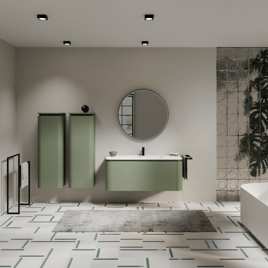 Balmani Moon zwevend badmeubel 130 x 55 cm saliegroen met Moon enkele wastafel in solid surface mat wit