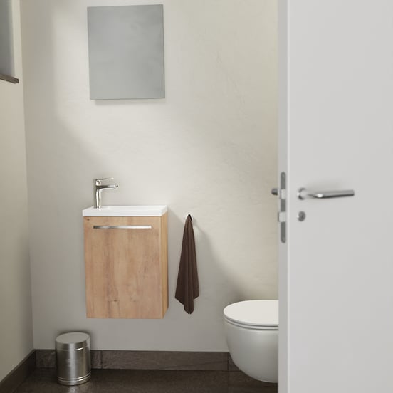 SanyOne Roxy hängendes Badmöbel Set (Gäste WC): 40 x 22 cm, Eiche Natur, Roxy Waschtisch, Marmorkomposit, glänzend