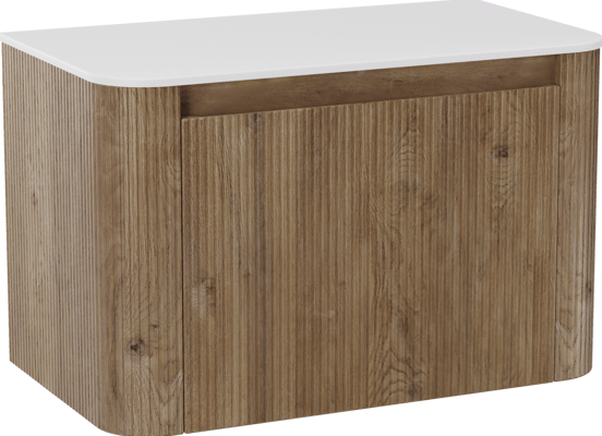 Storke Soft zwevend badkamermeubel 80 x 46 cm ruwe eik met Tavola Soft enkele tablet in solid surface mat wit, Verticale symmetrische rechte ribbel