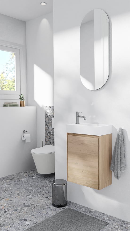 Storke Edge zwevend toiletmeubel 40 x 22 cm ruw eiken met Fada wastafel in matte Solid Surface