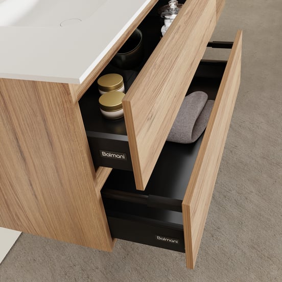 Balmani Lucida zwevend badmeubel 150 x 55 cm teakhout met Tablo Arcato dubbele wastafel in solid surface mat wit