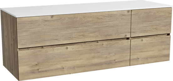 Storke Edge zwevend badmeubel 150 x 52 cm ruw eiken met Tavola enkel of dubbel wastafelblad in solid surface mat wit