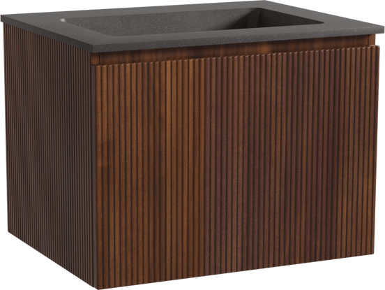 Storke Ribs zwevend badkamermeubel 65 x 52 cm notelaar met Scuro enkele wastafel in kwarts mat zwart, Verticale symmetrische rechte ribbel