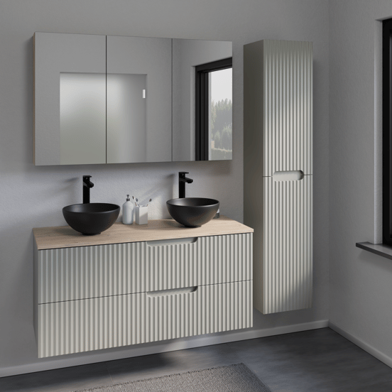 Linie Ribbo zwevend badkamermeubel 100 x 46 cm greige met Lado enkel of dubbel tablet in melamine natuur eik, Verticale symmetrische ronde ribbel