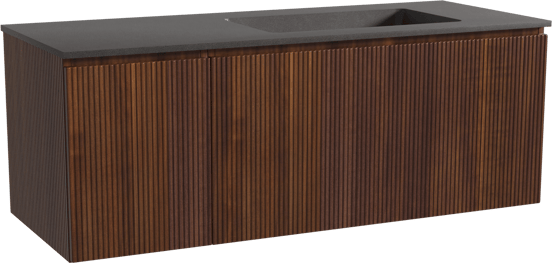 Storke Ribs zwevend badmeubel 130 x 52 cm notenhout met Scuro asymmetrisch rechtse wastafel in kwarts mat zwart, Verticale symmetrische rechte ribbel