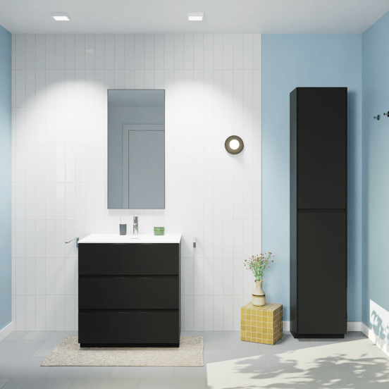 Storke Edge staand badmeubel 75 x 52 cm mat zwart met Mata enkele wastafel in solid surface mat wit