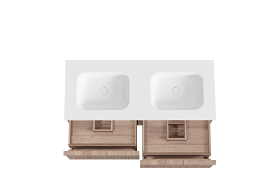Balmani Forma zwevend badkamermeubel 135 x 55 cm teak met Tablo Arcato dubbele wastafel in solid surface mat wit, Verticale symmetrische rechte ribbel