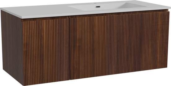 Storke Ribs zwevend badmeubel 120 x 52 cm notenhout met Diva asymmetrisch rechtse wastafel in composietmarmer hoogglans wit, Verticale symmetrische rechte ribbel