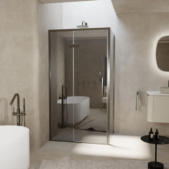 Balmani Senses Design douchecabine met linkse draaideur en vaste zijwand, 100 x 100 cm, Reflex spiegelglas, Brushed GunMetal profielen