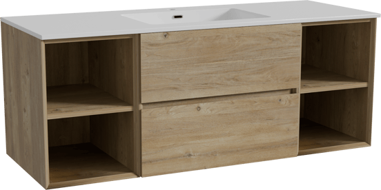 Storke Edge zwevend badmeubel 135 x 52 cm ruw eiken met Diva enkele wastafel in composietmarmer hoogglans wit